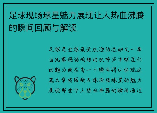 足球现场球星魅力展现让人热血沸腾的瞬间回顾与解读